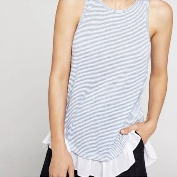 BCBGeneration Tank Top Sleeveless Ruffled Sheer Hem Blue White Stripe, Size XS - Picture 1 of 9
